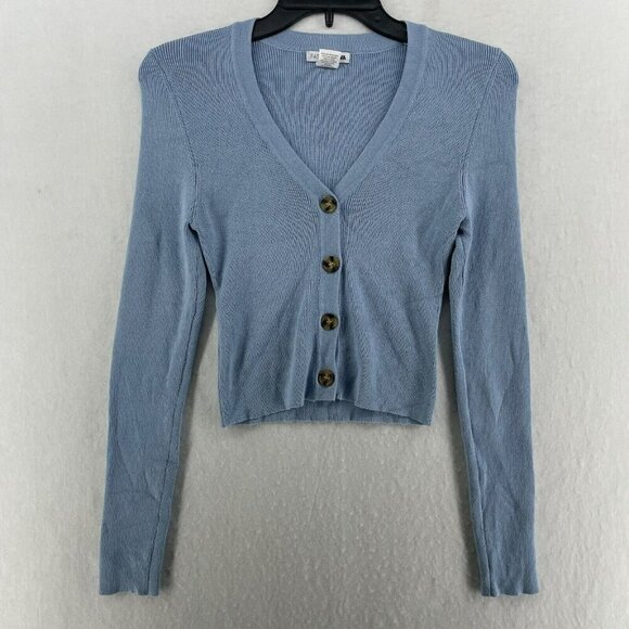 Fashion Nova Cardigan Women's Sz L Blue Knitted Button-Up V-Neck Cropped - Picture 1 of 11